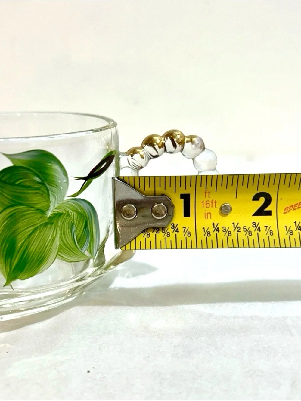 4 Vtg Gay Fad Hazel Atlas Glass 22K Gold Boopie Handle Green Ivy Tea Cup MCM 4oz